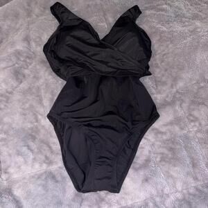 Lands' End Black One-Piece Swimsuit Lycra Stretch 12 DD Waist Cinch NWT
